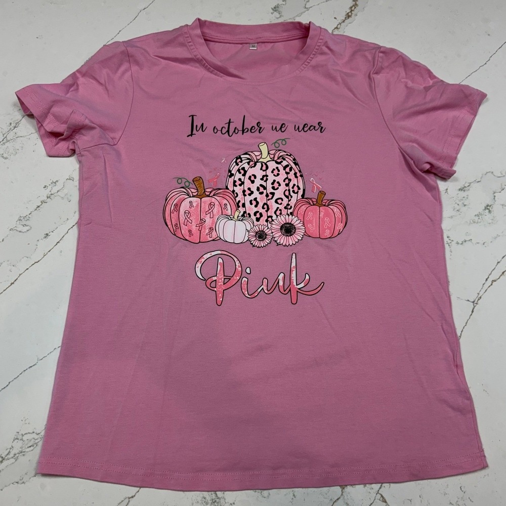 Breast Cancer Awareness Pumpkin Graphic T-Shirt Medium "In October We Wear Pink"